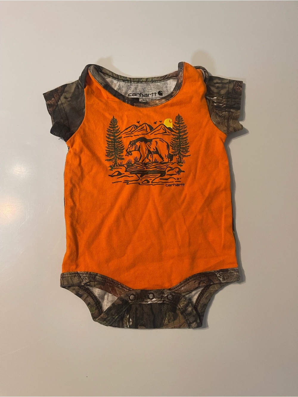 Carhartt 3M Orange Baby Bodysuit with Camo Trim and Bear Graphic